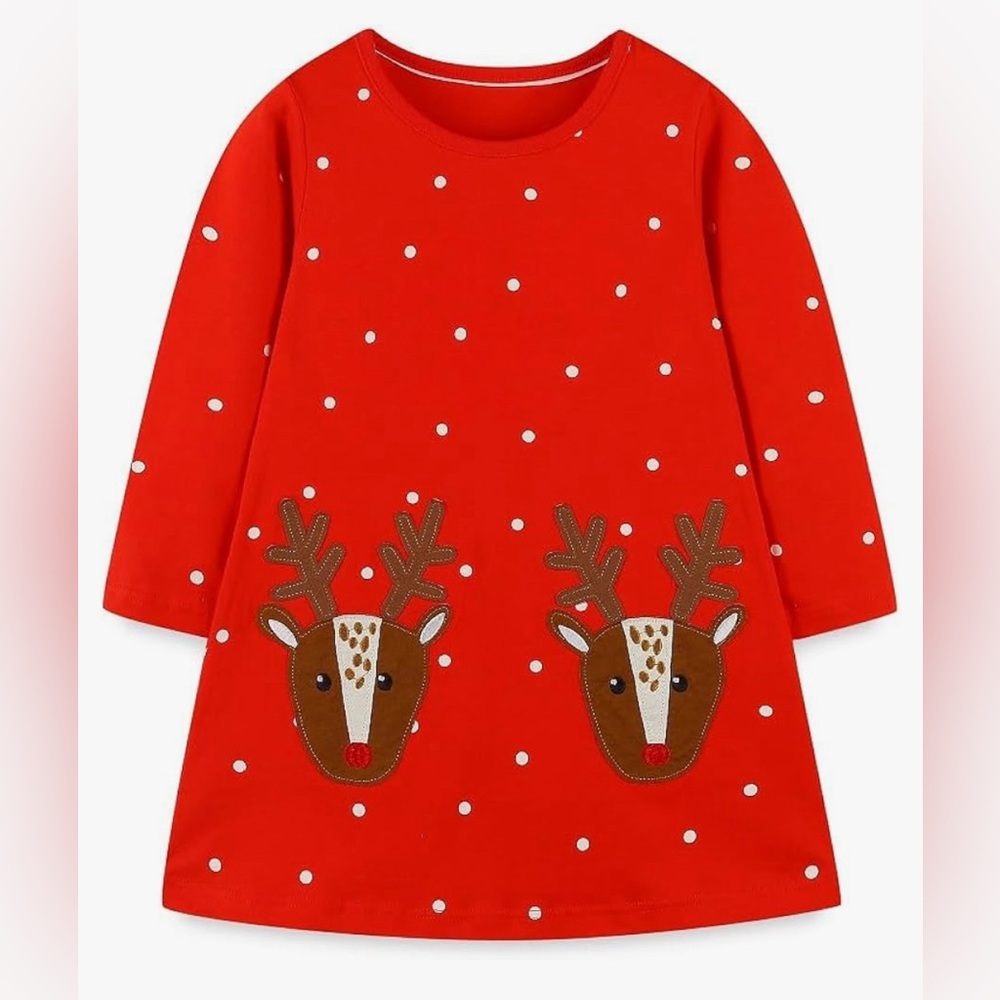 Long sleeve cotton reindeer dress. Size 7